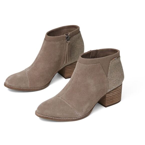 TOMS Loren Taupe Gray Suede Fashion Zip Rounded Toe Block Heel Ankle Booties - Picture 1 of 13